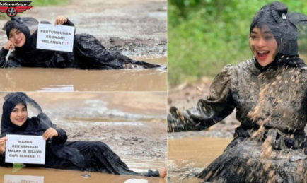 BENGANG JALAN ROSAK TIDAK DIBAIKI, ‘INFLUENCER’ ‘POSING’ DALAM LOPAK AIR