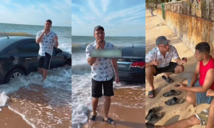 Man Drives Car Into Beach in Port Dickson and Gets Car Stuck in the Sand