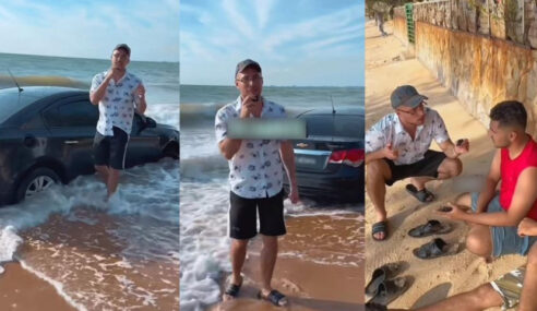 Man Drives Car Into Beach in Port Dickson and Gets Car Stuck in the Sand