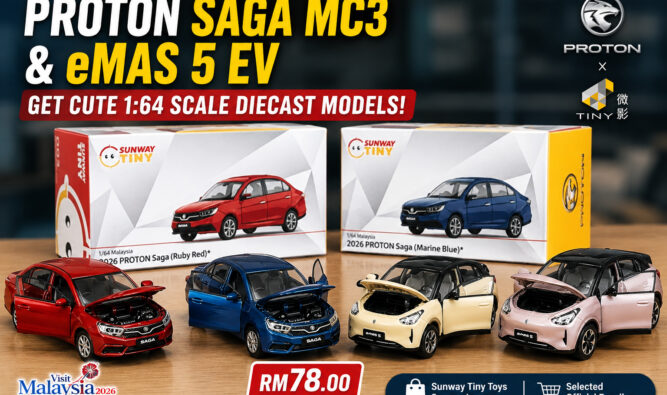 Proton Saga MC3 and eMas 5 EV get cute 1:64 scale diecast models.